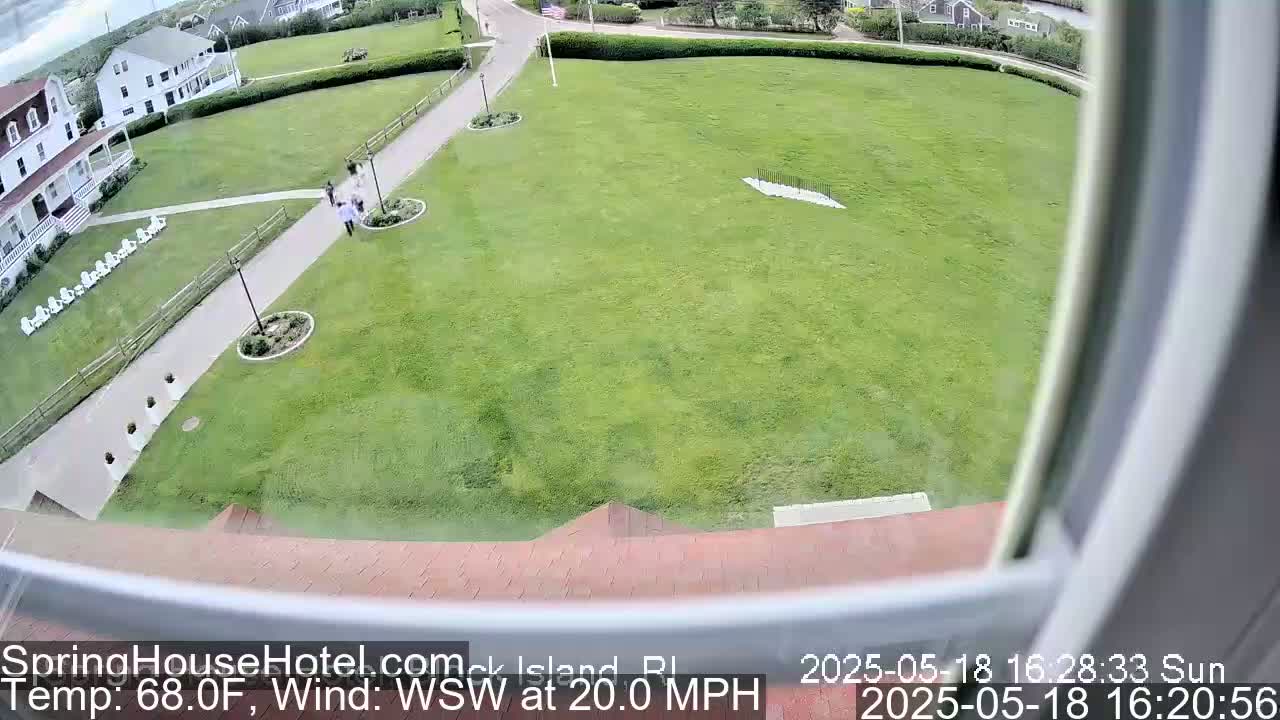 A high-angle view shows a grassy area with a walkway and several people walking,  under sunny skies with a 20 mph wind from the west-southwest.
