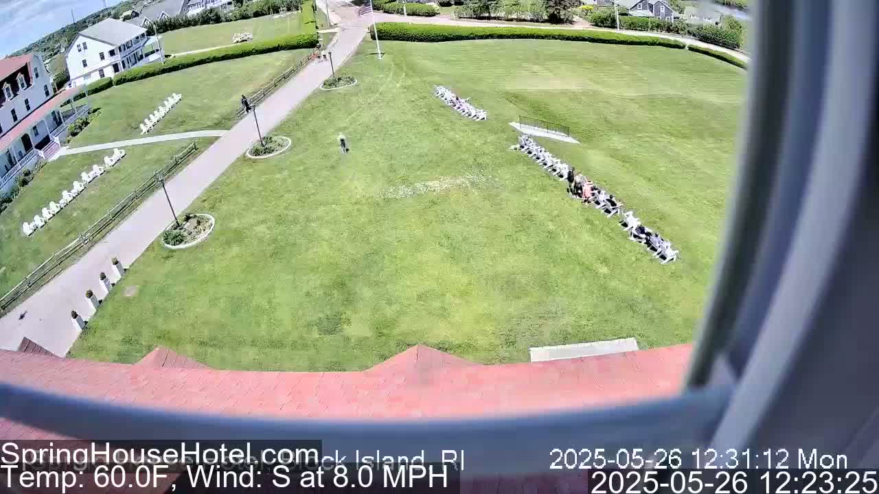 A high-angle view shows a grassy area with people sitting in rows, a building, and a walkway, under sunny conditions with a south wind of 8 mph and a temperature of 60°F.