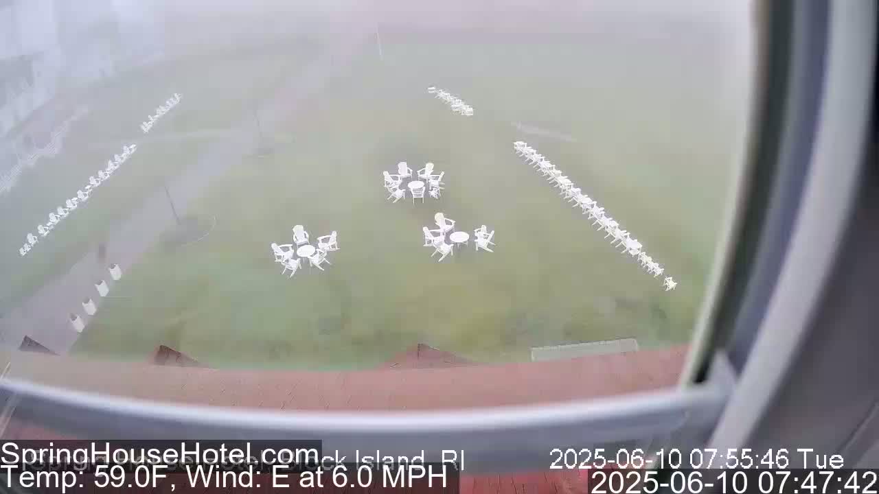 A foggy outdoor scene shows several sets of white tables and chairs arranged on a grassy area.