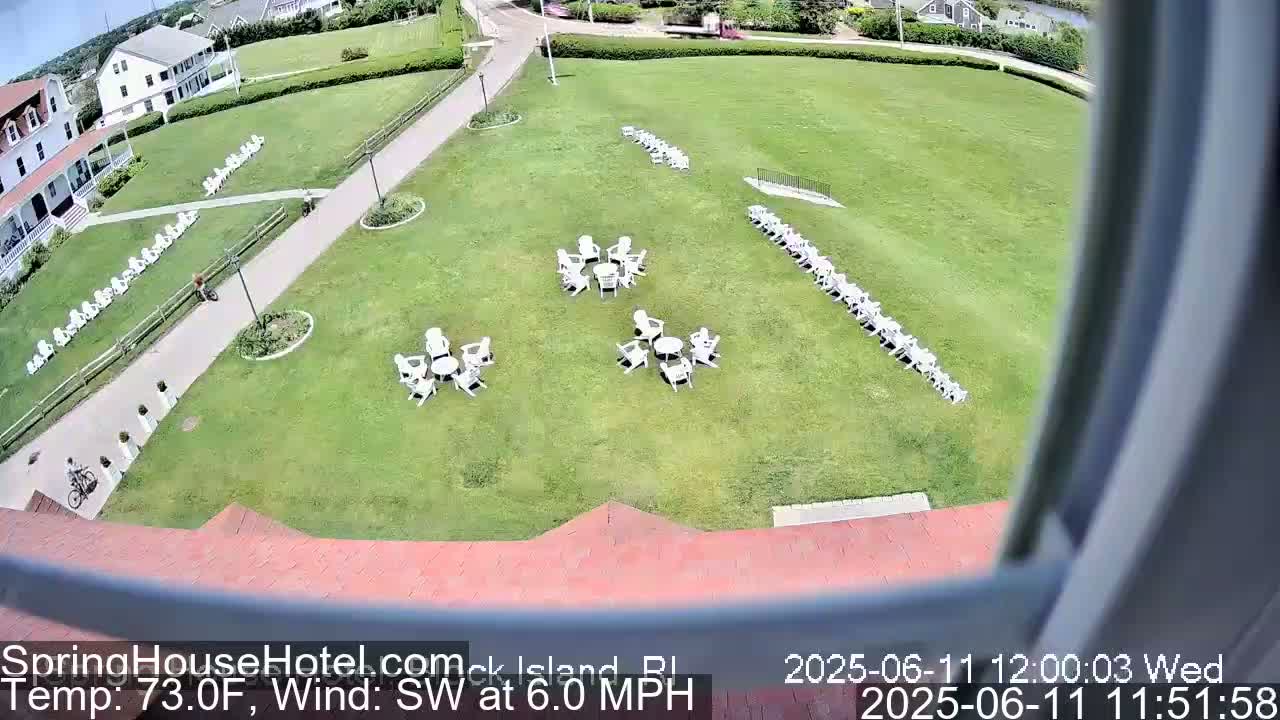 A large grassy area with several groupings of white chairs and small tables is visible from a high vantage point, under sunny skies with a southwest wind.