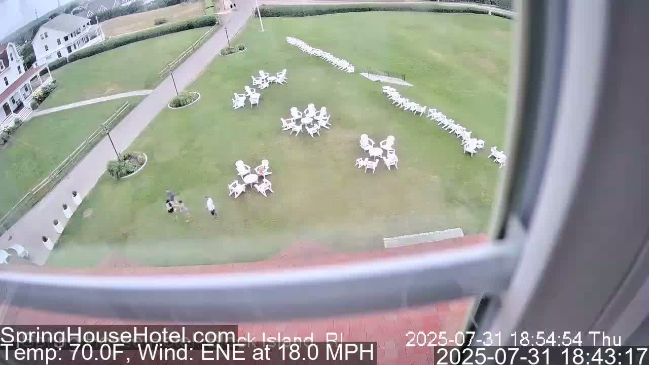 A grassy area with several groupings of white chairs and small tables, a few people, and buildings in the background, on a breezy, 70°F day.