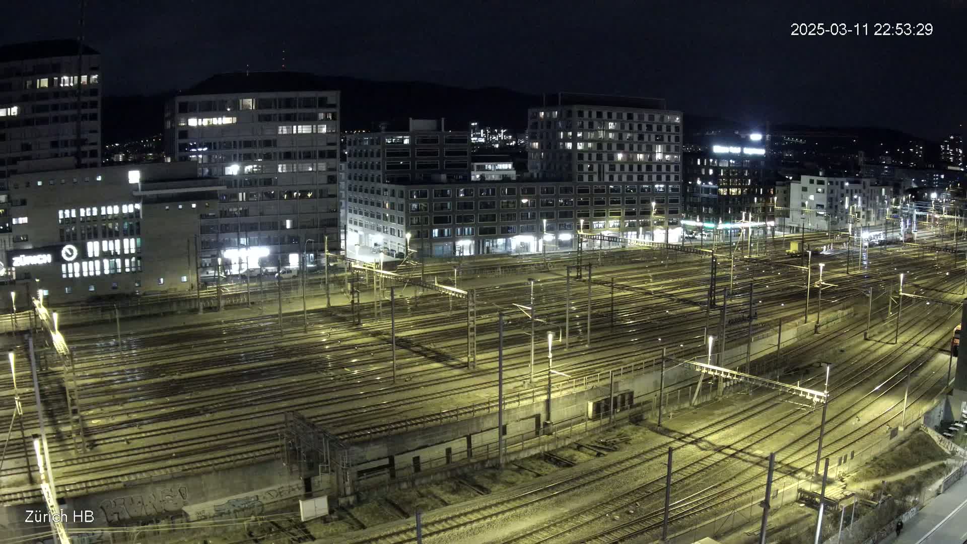 A nighttime, high-angle view of a sprawling network of train tracks illuminated by artificial lights, surrounded by multi-story buildings.