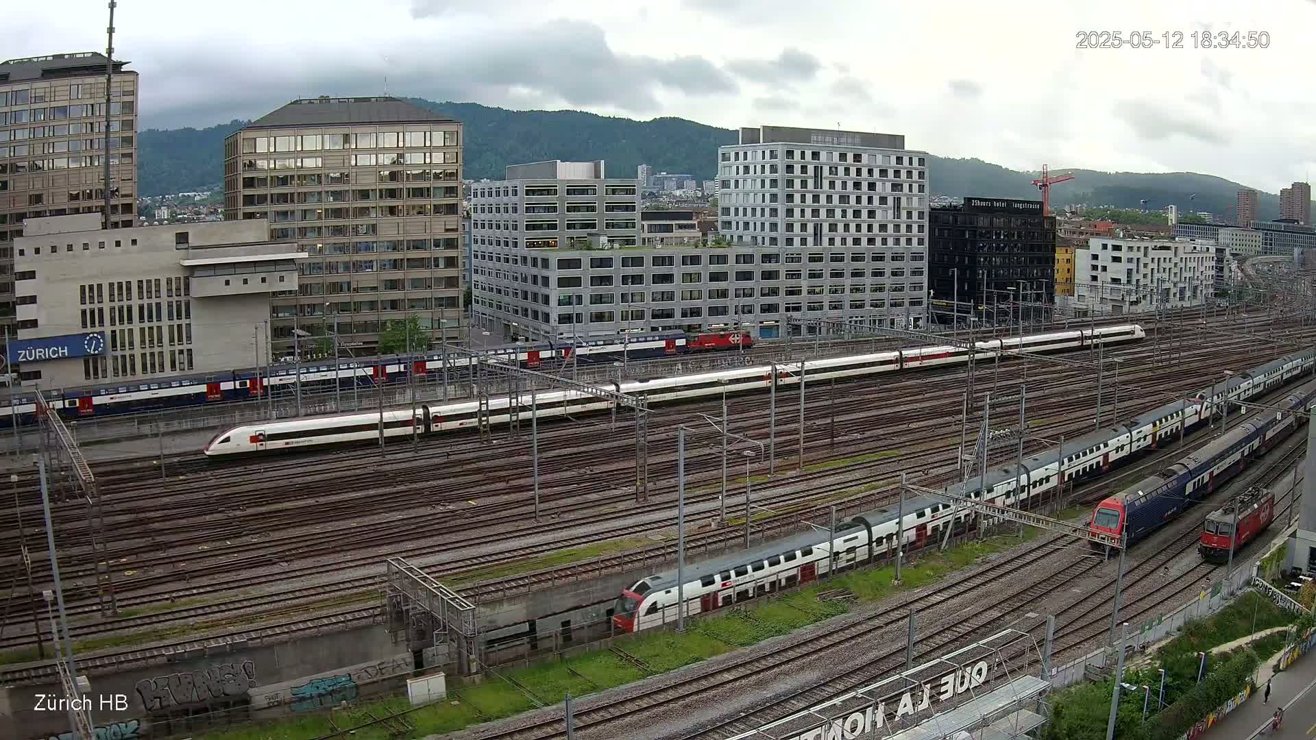 A high-angle view of a train station on an overcast day, showing multiple trains on numerous tracks surrounded by modern buildings and some greenery.