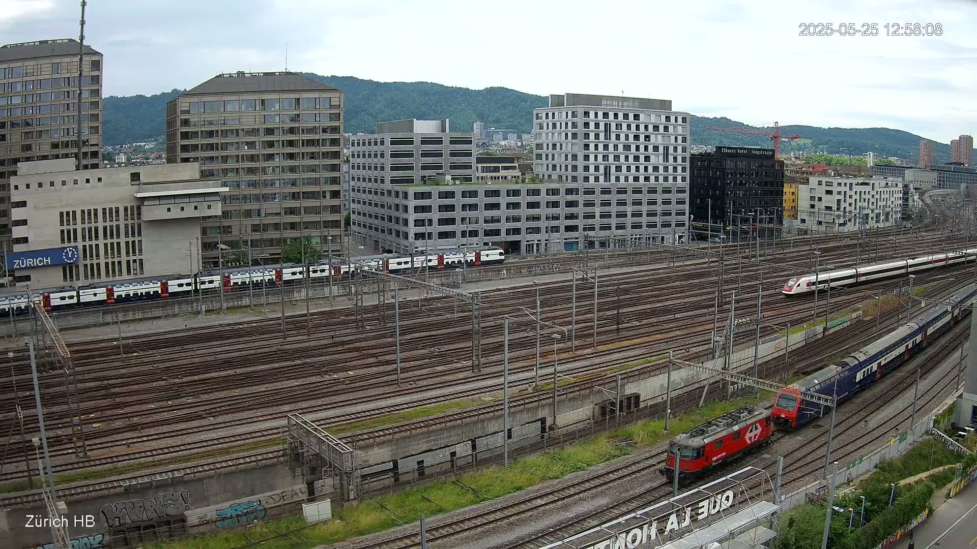 An elevated view of a sprawling railway yard with multiple trains, including a high-speed train, situated amidst a cityscape on an overcast day.