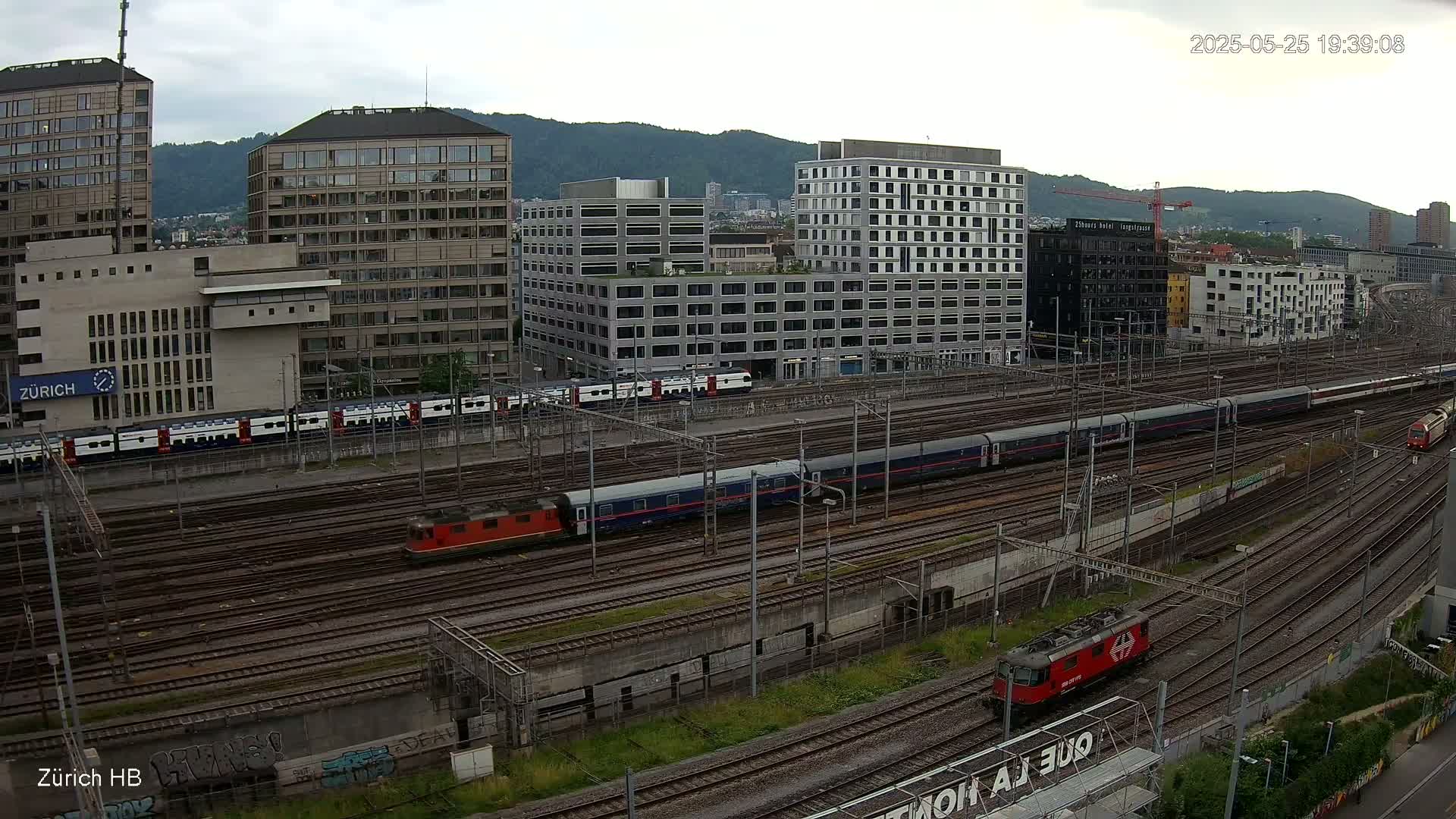 A sprawling railway yard with multiple trains and modern buildings in the background under an overcast sky.
