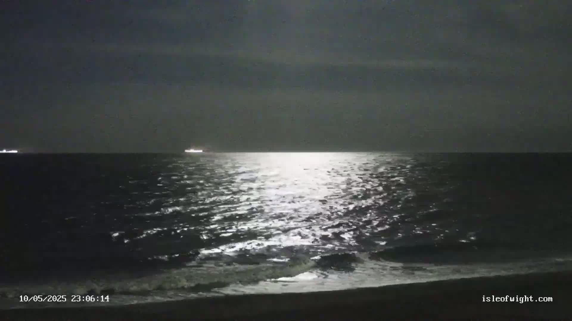 A moonlit ocean with small waves rolling onto a dark sandy beach at night.