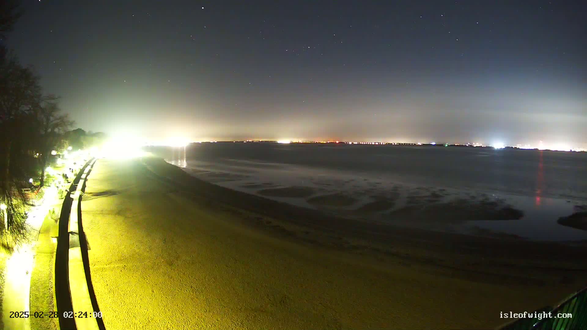 A nighttime view of a beach with a seawall, illuminated by artificial lights, overlooks a calm body of water with a distant city skyline visible under a clear, starry sky.