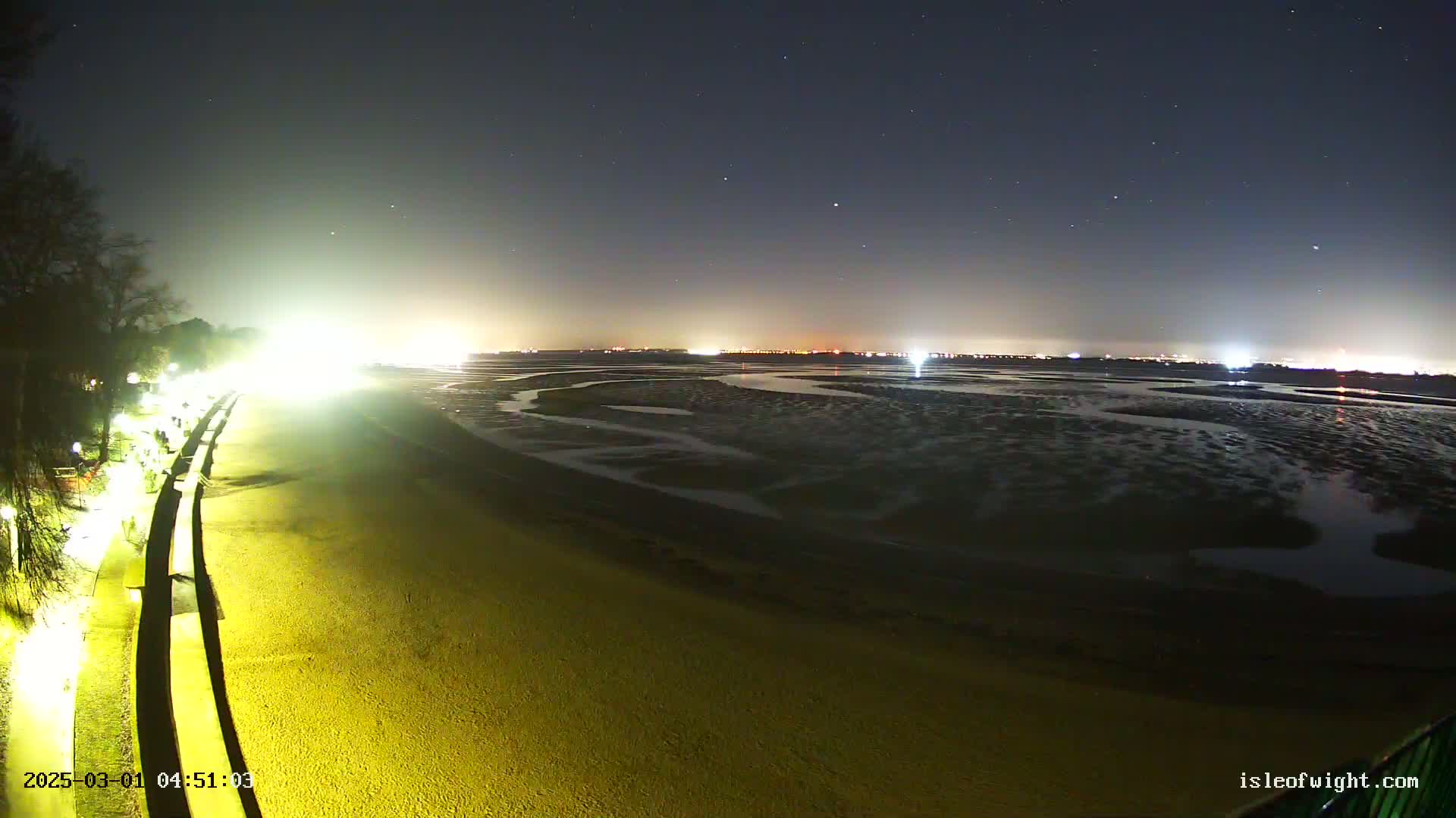 A nighttime, low-angle view shows a brightly lit shoreline next to a dark, wet, and textured expanse of mudflats extending to a distant, city-lit horizon under a star-filled sky.