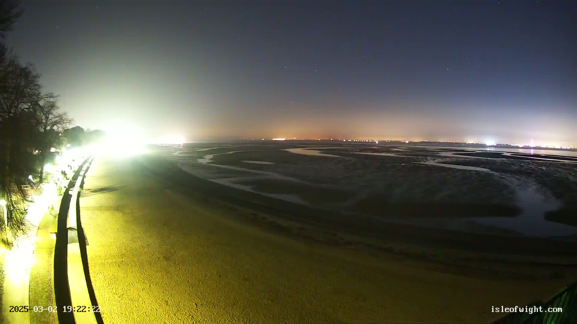 A nighttime view of a sandy beach with a low tide, revealing mudflats, and brightly lit shoreline extending to a distant city skyline under a clear, starry sky.
