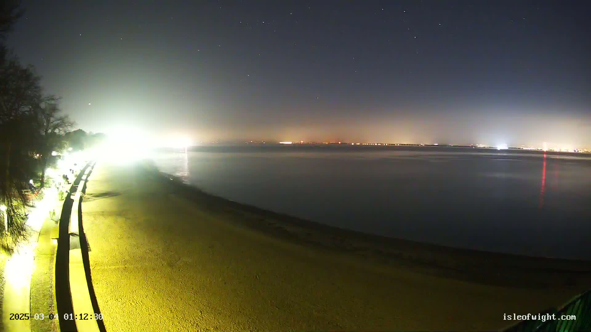 A night-time view of a sandy beach and calm body of water with a hazy atmosphere, showing a distant city skyline illuminated under a starry sky.