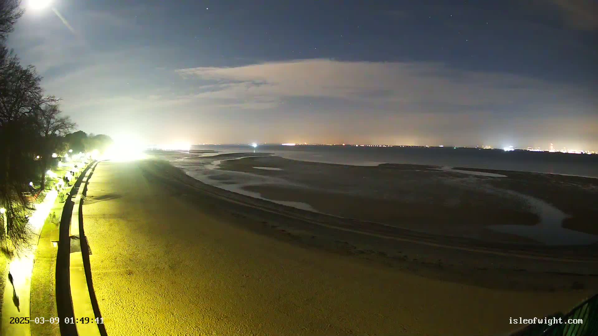 A moonlit beach at night shows a sandy shore, a calm body of water with a distant city skyline, and a paved walkway with lights bordering the beach.