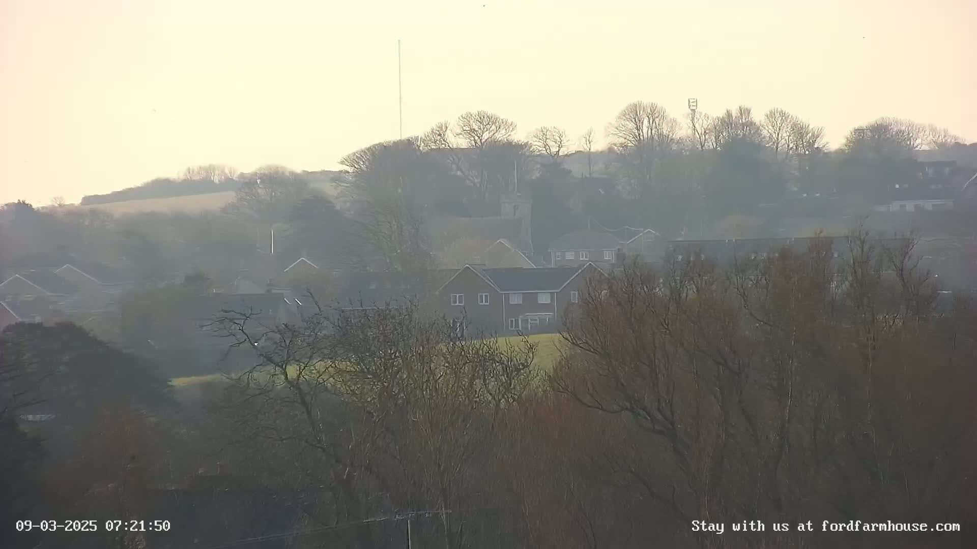 A hazy, pale-light view shows a residential area nestled among bare winter trees and hills.