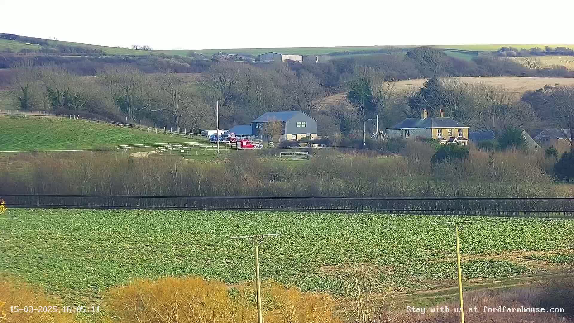 A rural landscape shows several buildings, including a modern dark-grey house and a tan two-story house, set amongst bare winter trees and rolling hills, with a large field of green plants in the foreground.