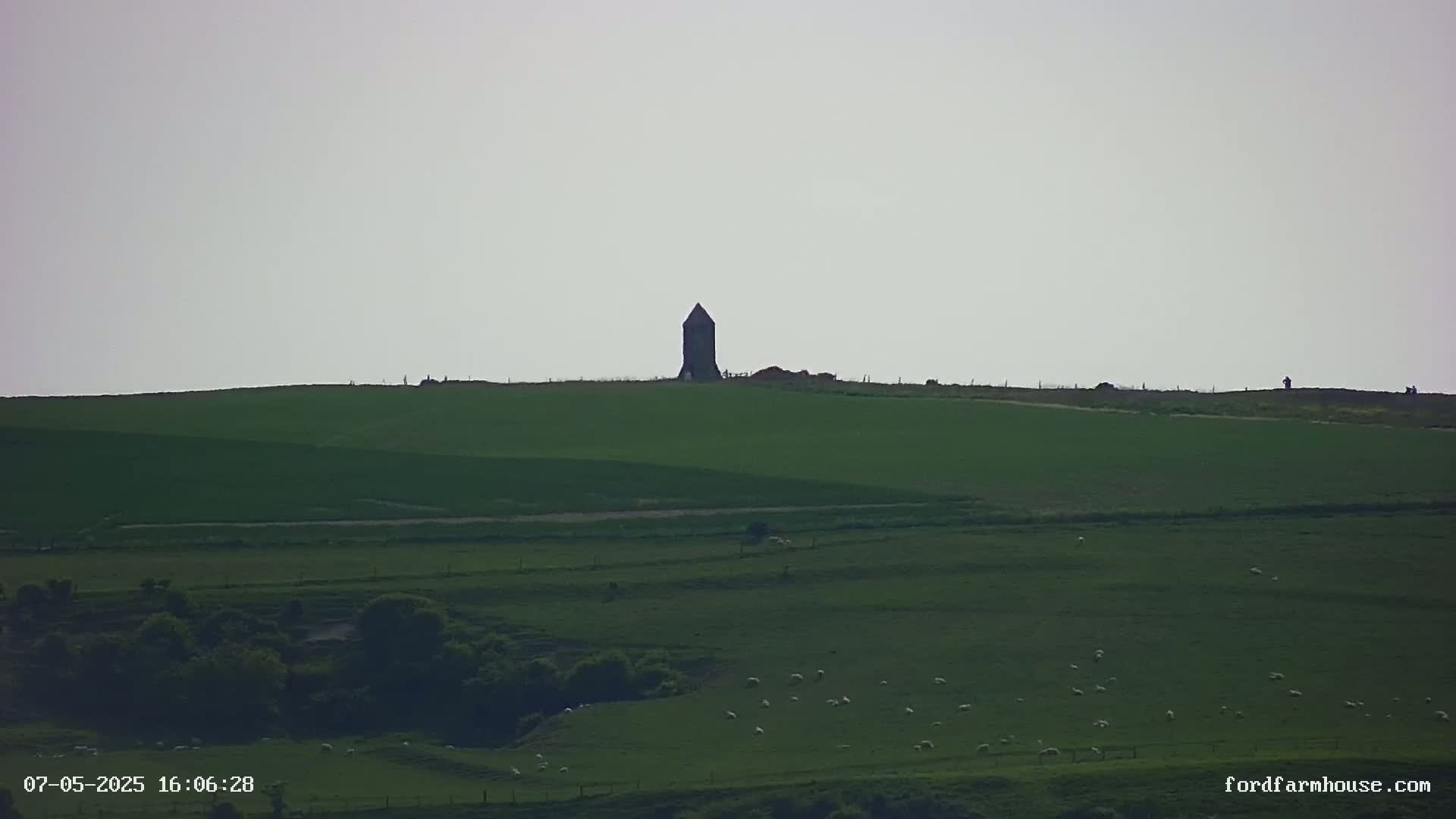 A dark, conical tower stands atop a gently sloping green hill dotted with sheep under a pale sky.