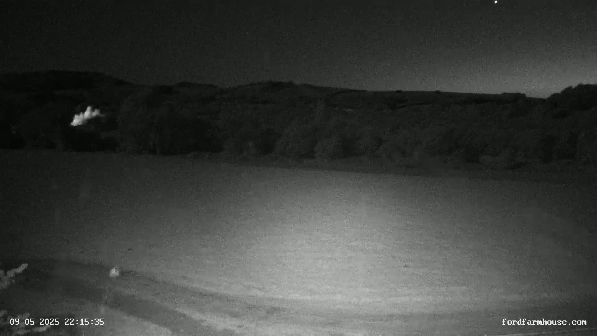 A nighttime, low-light image shows a dark, flat field with a distant, dark hillside under a mostly clear night sky.