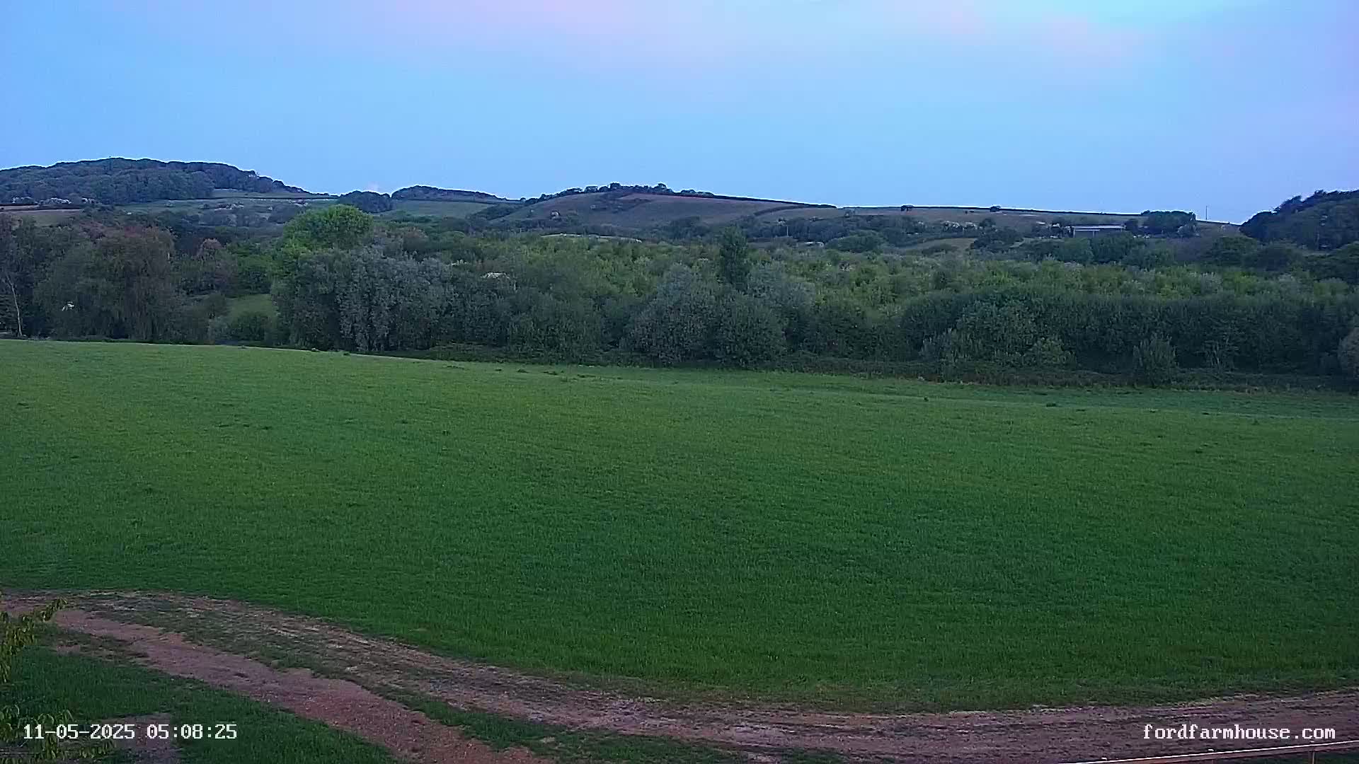 A vast green field stretches toward a line of trees and rolling hills under a twilight sky.