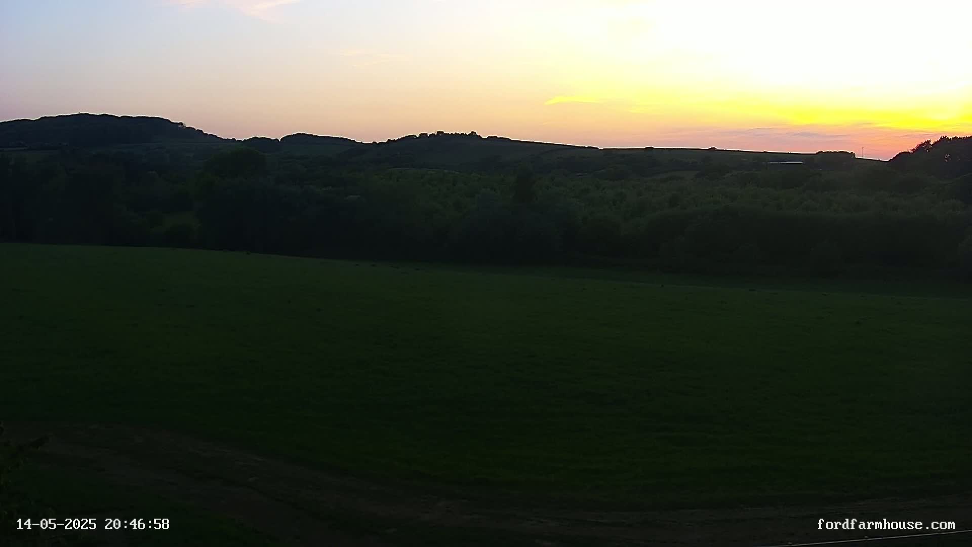 A vast green field stretches towards a line of dark trees and hills silhouetted against a sunset sky.