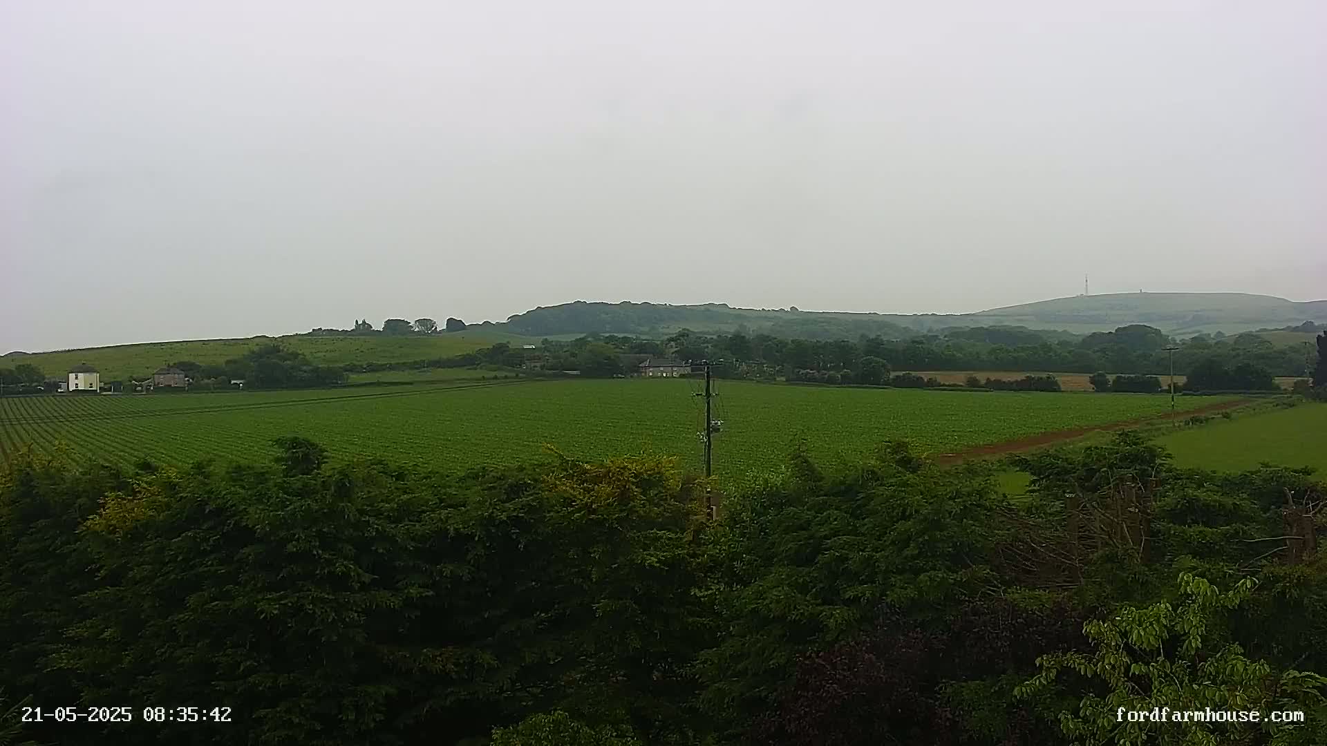 A vast, flat green field stretches towards rolling hills under an overcast sky.