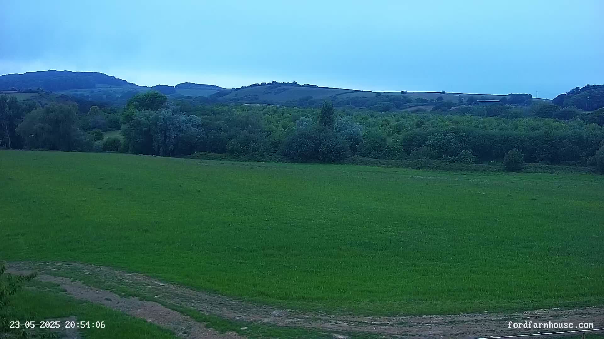 A large green field stretches towards a line of trees and rolling hills under a twilight sky.