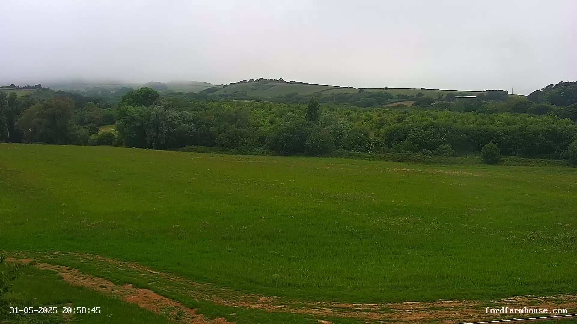 A large, green field stretches out to a line of trees and rolling hills under a foggy sky.