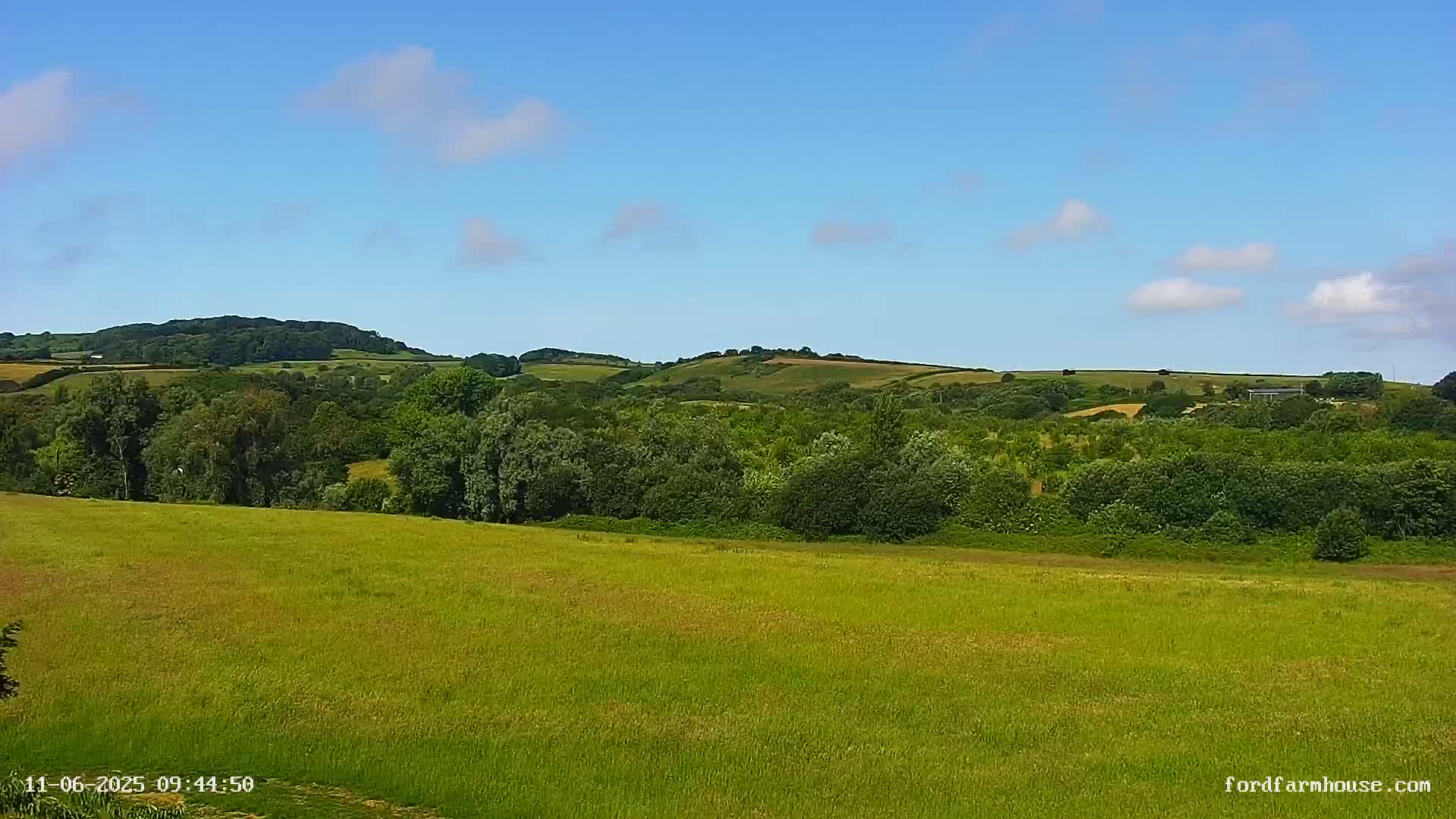 A sprawling green field extends to a line of lush trees and rolling hills under a mostly clear blue sky with a few scattered clouds.