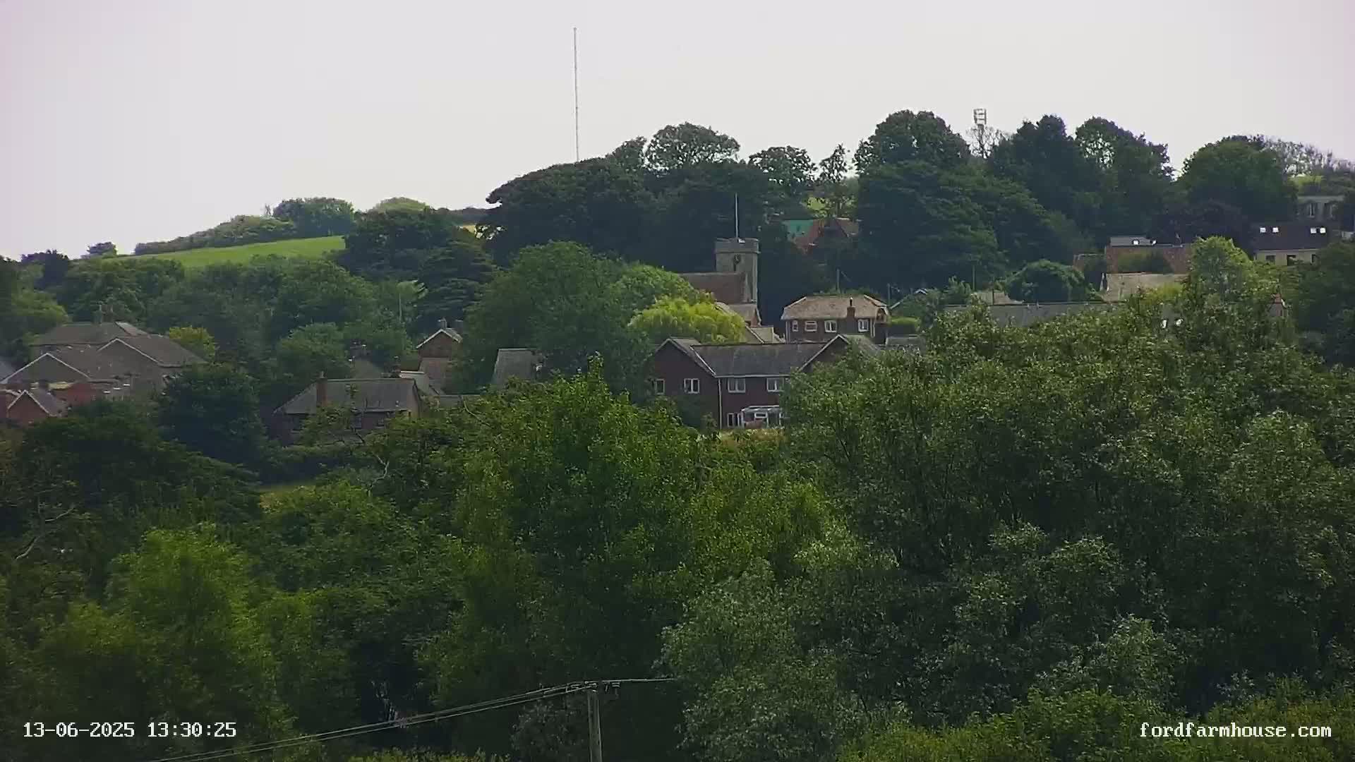 A small village nestled among lush green trees and hills under a mostly cloudy sky.