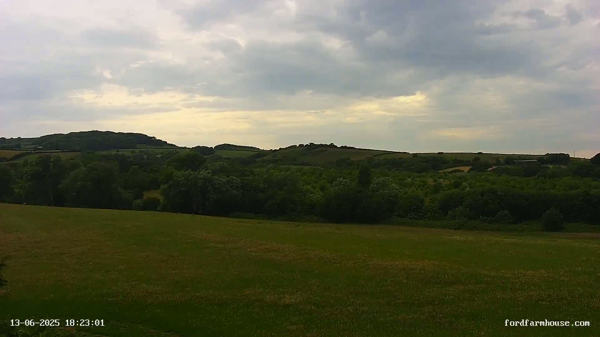A large grassy field stretches toward a line of dark green trees and rolling hills under a mostly cloudy sky.