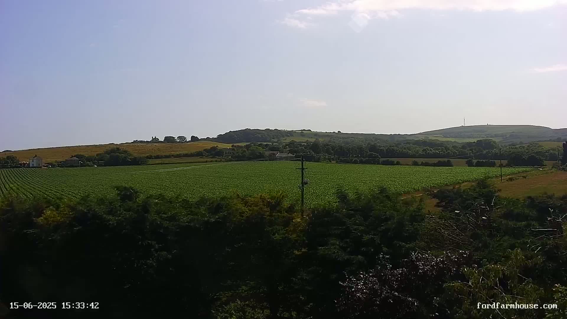 A sprawling green field extends to rolling hills under a clear, bright sky.