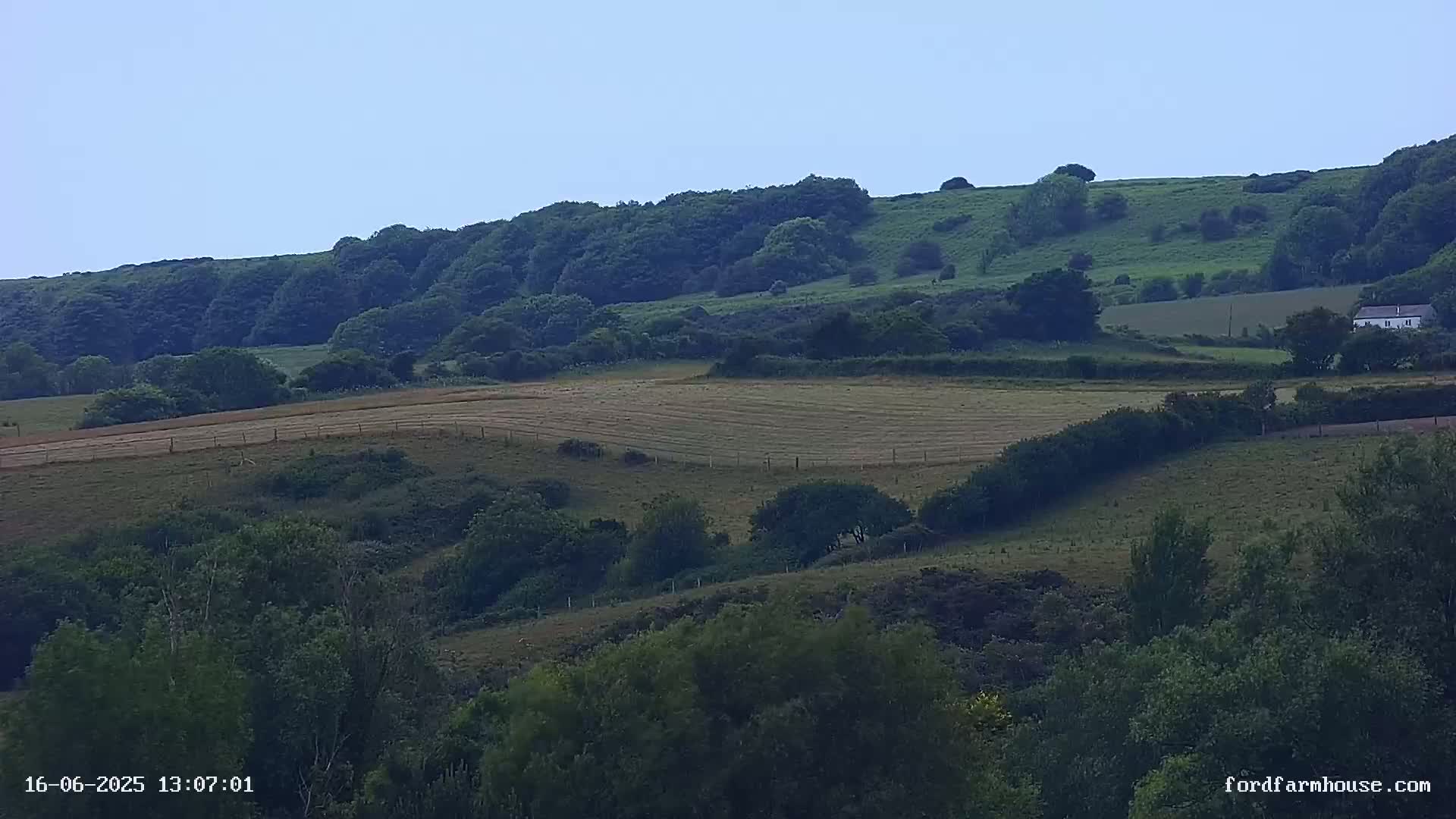 Rolling green hills dotted with trees and a single house under a clear, pale blue sky.
