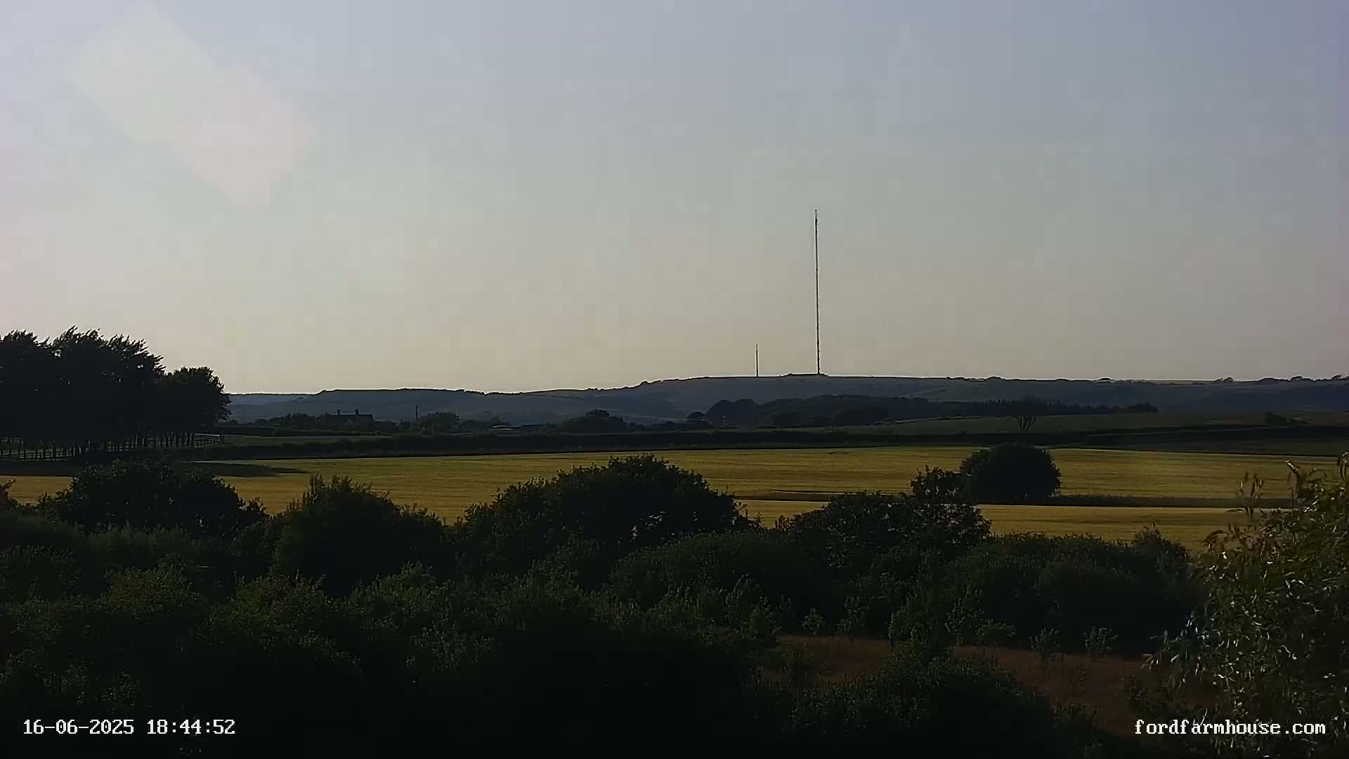 A long radio tower stands atop a hill in the distance, overlooking a rural landscape of golden fields and dark green trees under a pale, clear sky.