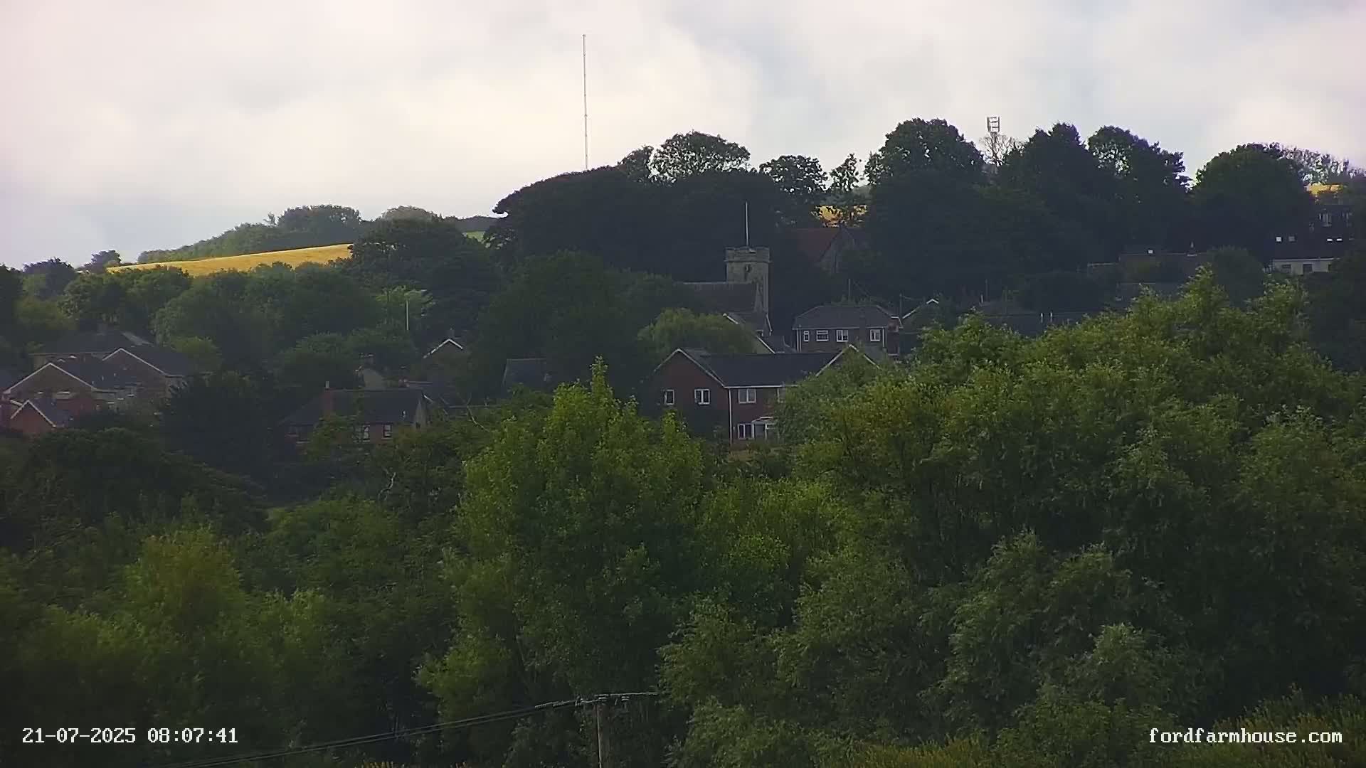 A village nestled among lush green trees and a golden field under an overcast sky.