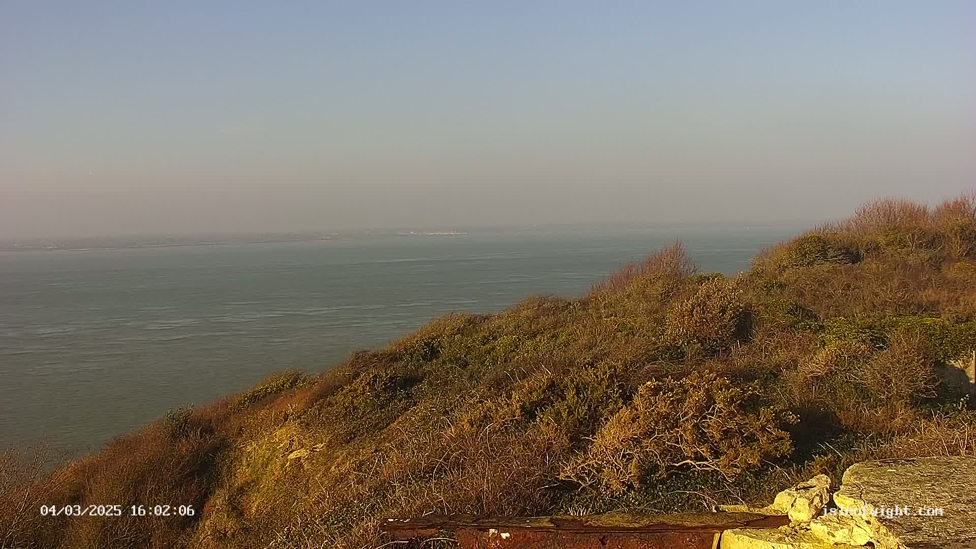 A calm, hazy body of water is seen from atop a shrub-covered cliff.