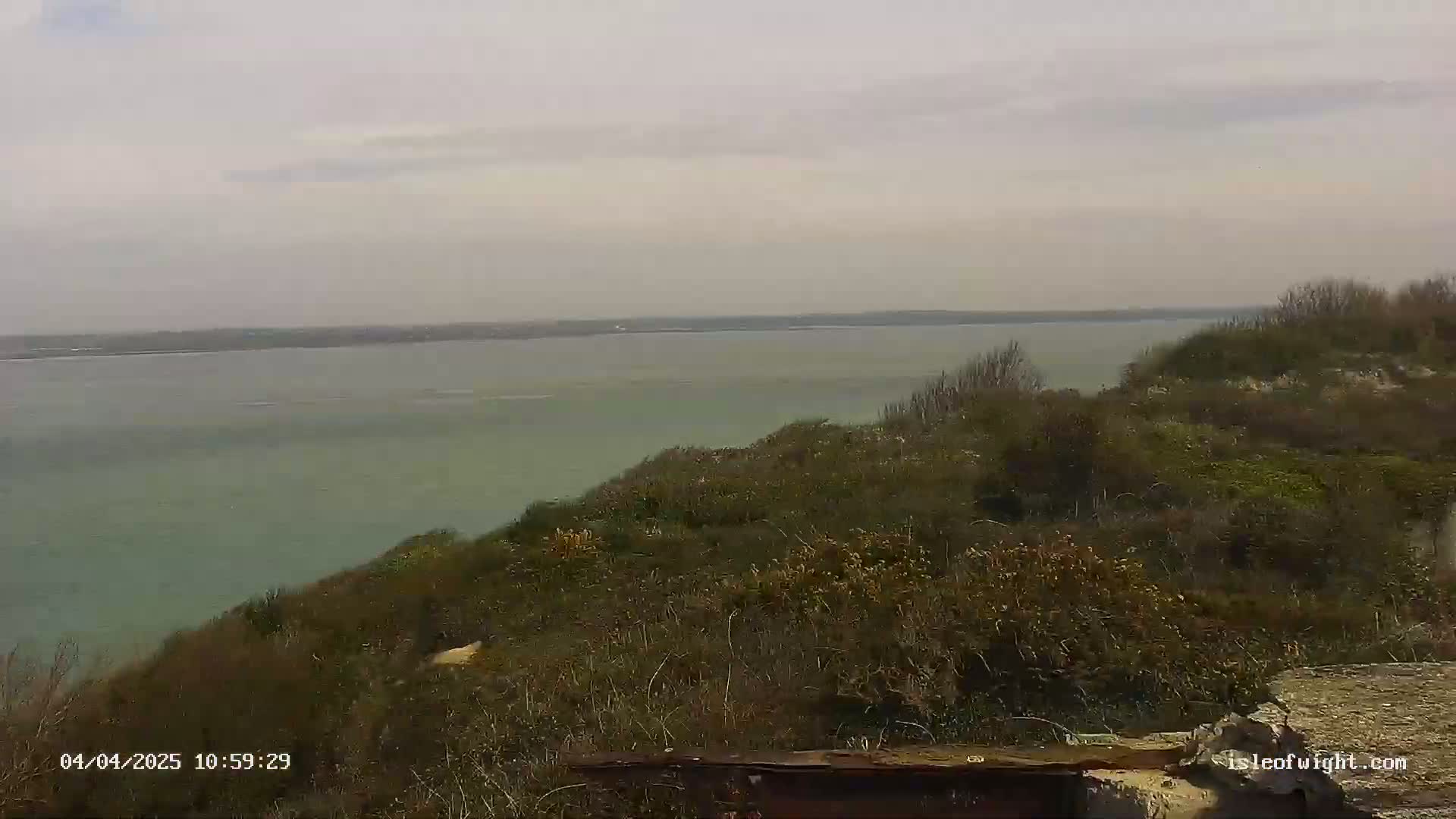 A view of a calm, greenish-grey body of water stretches to the horizon under an overcast sky, seen from a scrubby, hilly vantage point.