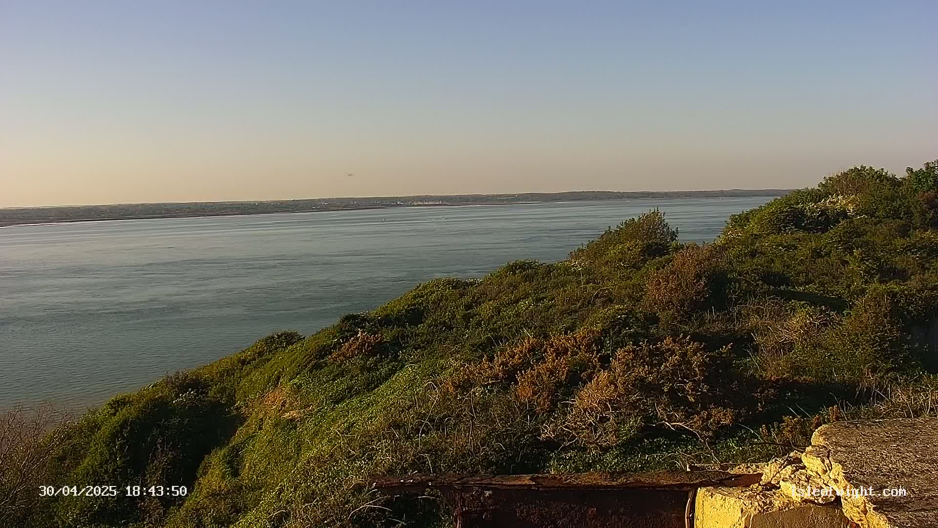 A calm body of water stretches to a distant shoreline under a clear, light-blue sky, viewed from a verdant hillside with low-lying vegetation.