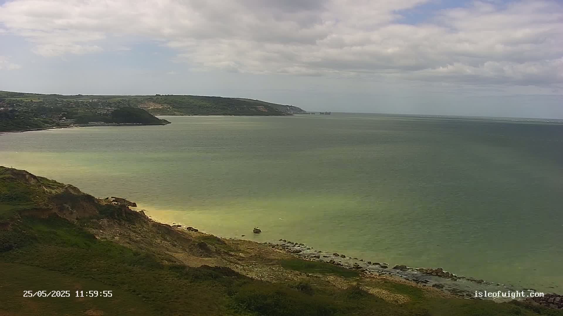 A view of a calm, greenish-grey sea under a partly cloudy sky, with a grassy cliffside and distant coastline in the foreground.
