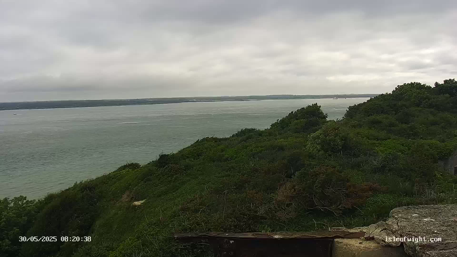 A calm, grey day shows a view of a wide body of water from a verdant, cliff-like hillside.