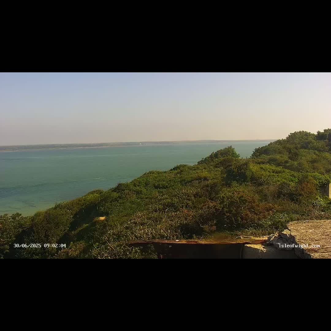 A tranquil, green-blue body of water stretches to the horizon under a clear sky, viewed from a lush, verdant hillside.
