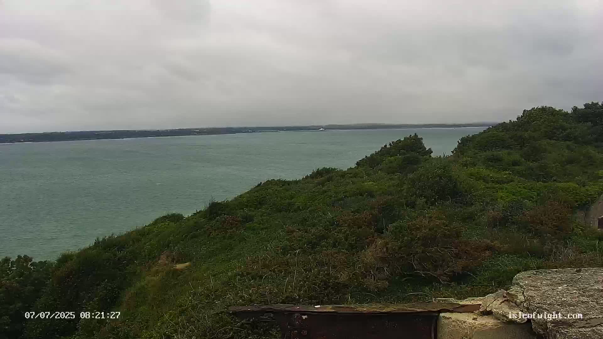 A wide shot shows a calm body of water under an overcast sky, viewed from a verdant, slightly overgrown hillside.