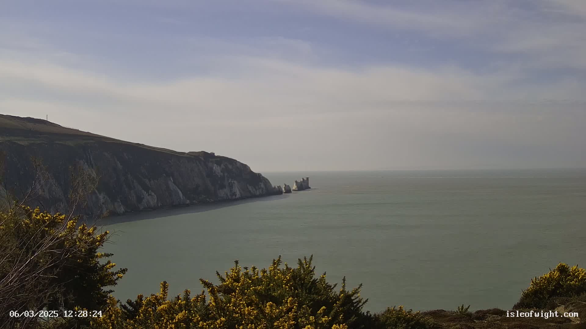 A view of a calm, grayish-green sea extending to the horizon from a cliffside vantage point, featuring a white cliff face and several smaller rock formations jutting out from the water, with yellow flowering bushes in the foreground under a partly cloudy sky.