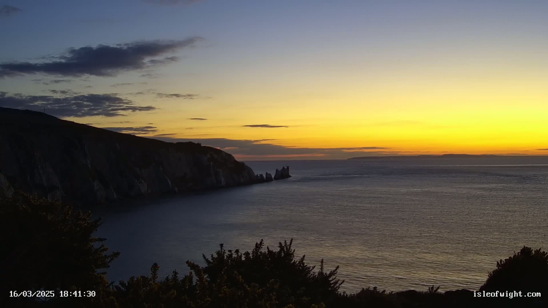 A golden sunset over a calm ocean, with dark cliffs and vegetation in the foreground.