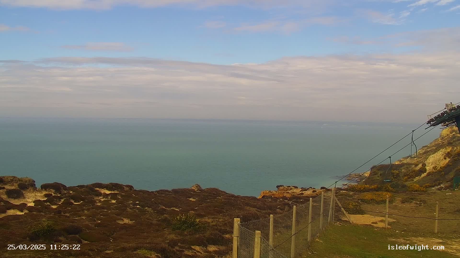 A mostly cloudy day reveals a calm, teal sea stretching to the horizon from a clifftop overlooking a wire fence and sparse vegetation.