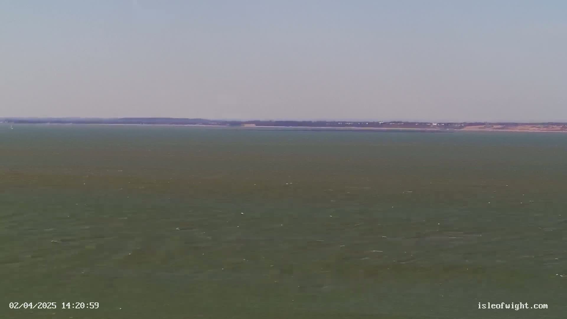 A wide shot of a calm, green-tinged body of water with a distant shoreline under a clear, light-grey sky.