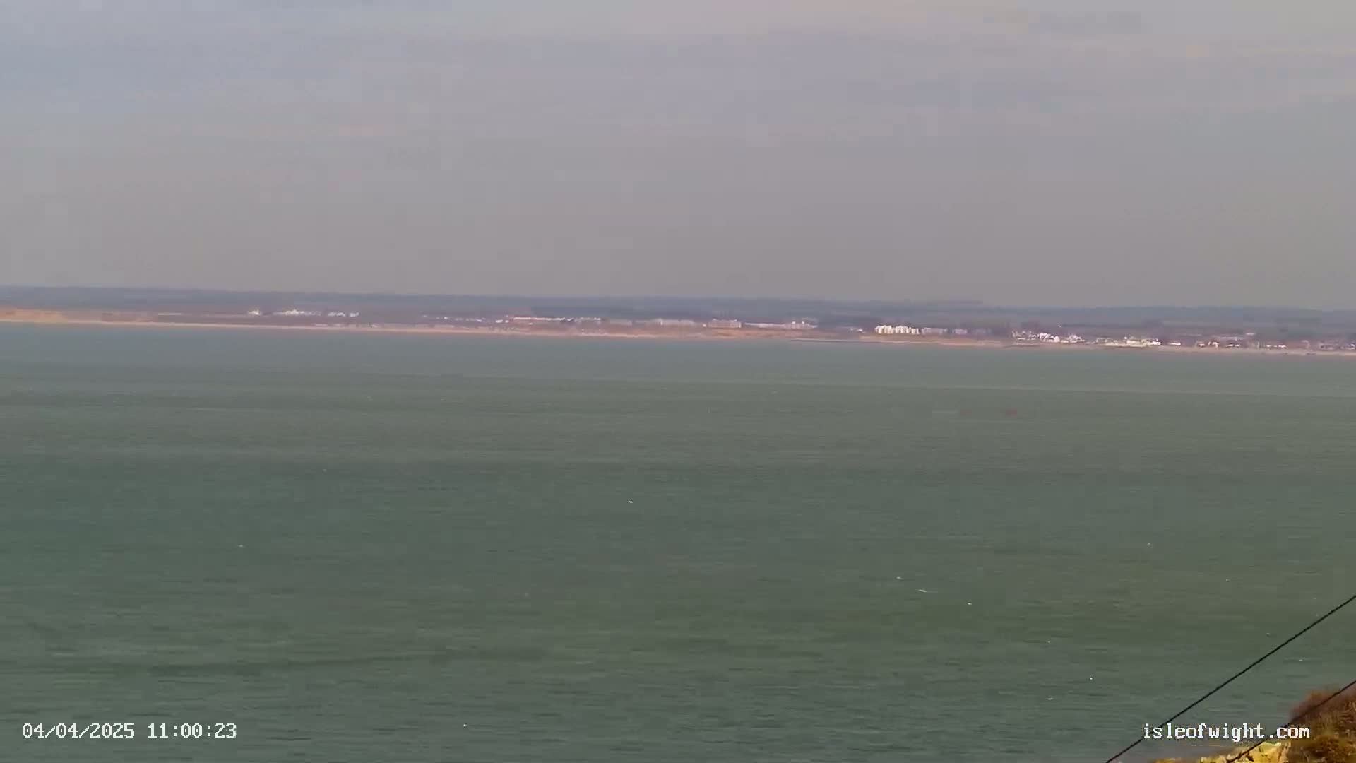 A distant shoreline with buildings is visible across a calm, greenish-grey body of water under a hazy sky.