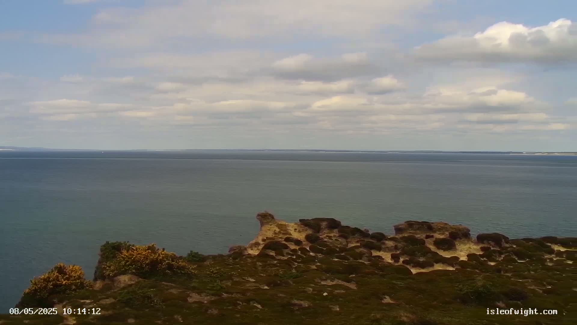 A partly cloudy day reveals a tranquil ocean view from a low, rocky clifftop covered in low-lying, dark green vegetation.