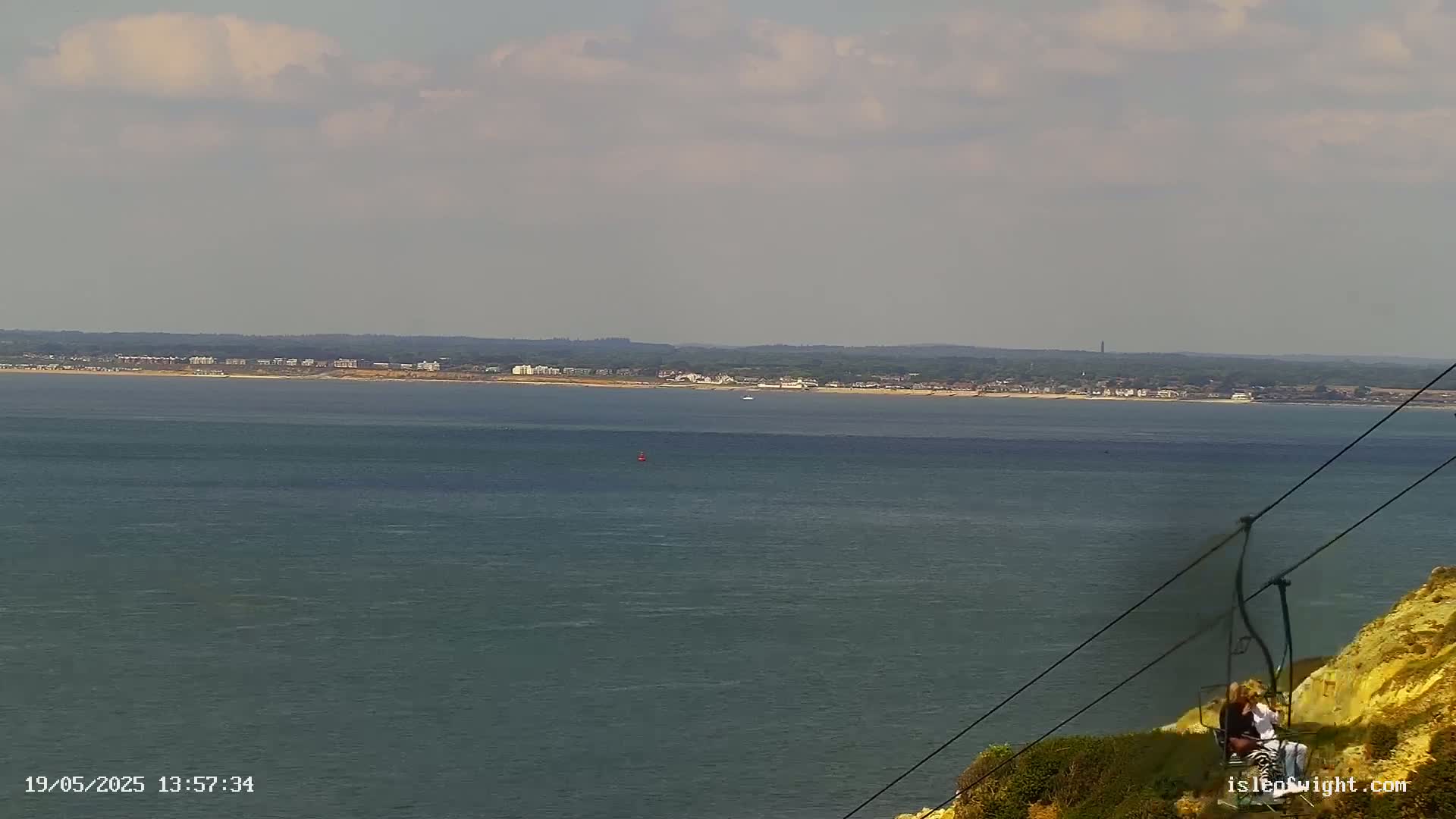 A seaside town is visible in the distance across a calm body of water under a partly cloudy sky, with two people seated in a cable car on a cliff in the foreground.