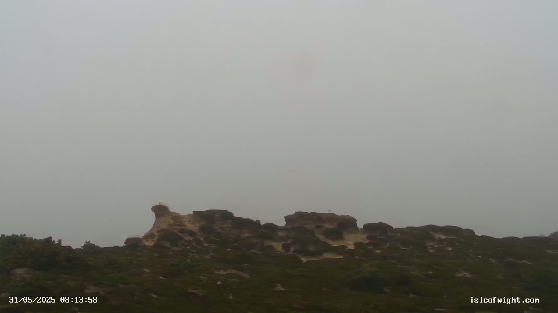 A rocky outcrop covered in low-lying vegetation is visible under a foggy sky.