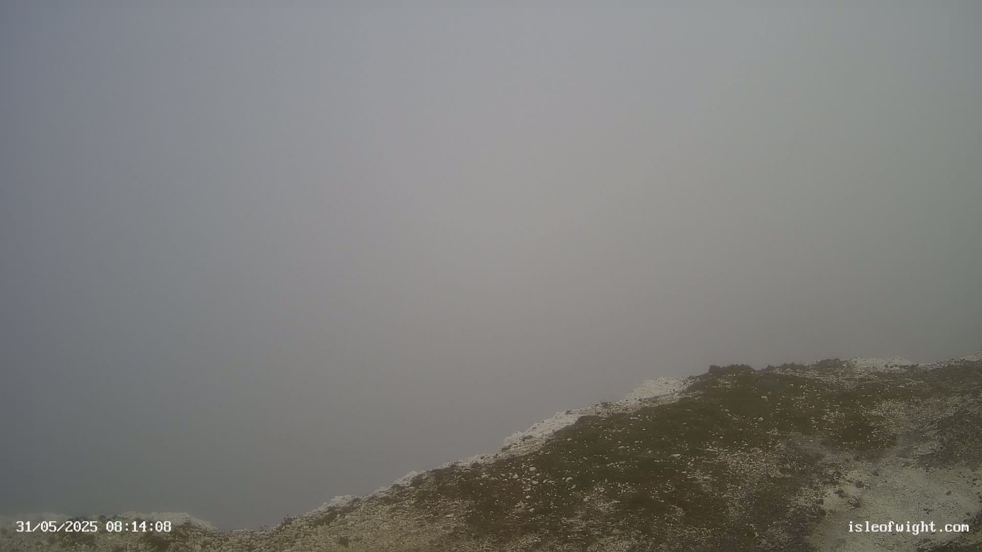 A rocky, sparsely vegetated hillside is shrouded in thick fog.