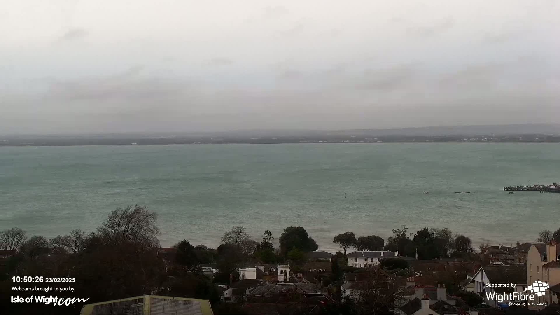 A view of a calm, gray-sky day over a body of water, showing a town with houses and trees in the foreground.