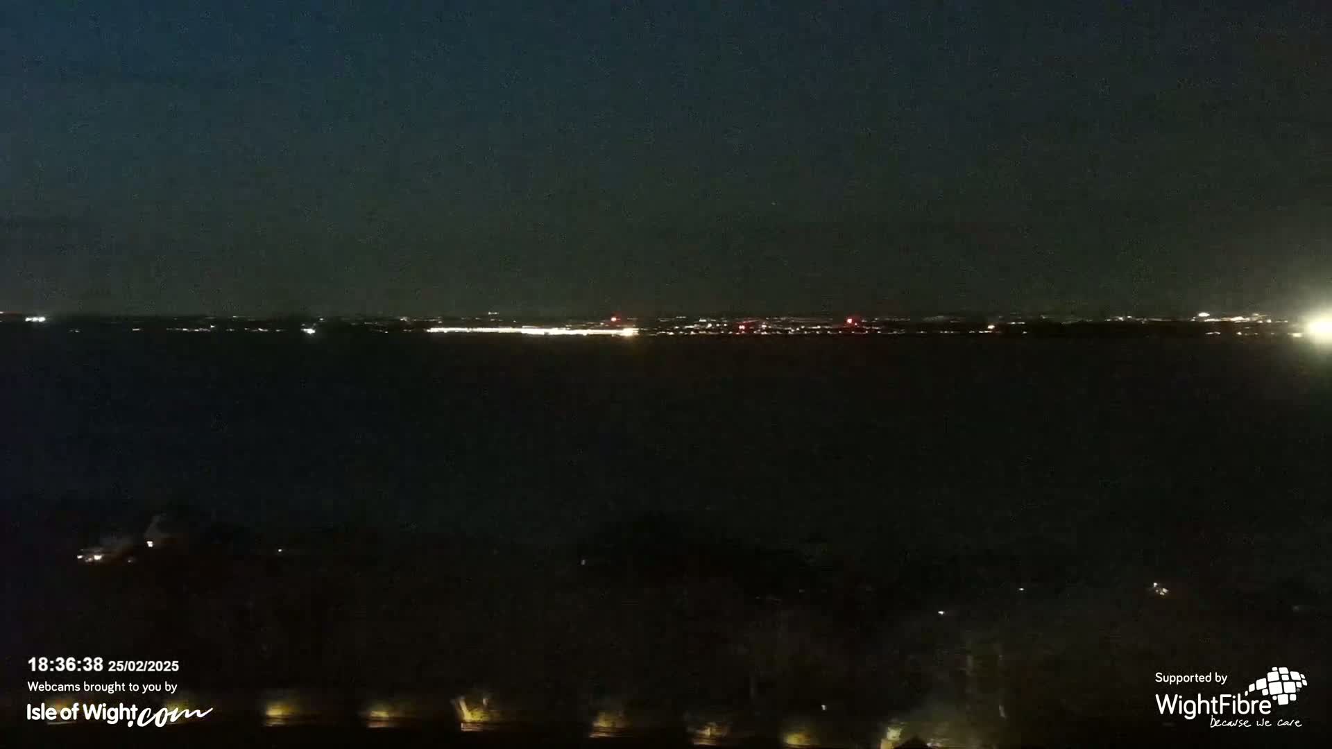 A nighttime view of a dark body of water with a distant city skyline illuminated by lights.