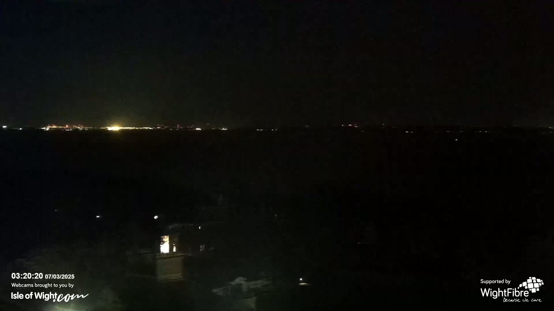A nighttime, dark landscape shows a distant, faintly lit cityscape on the horizon.